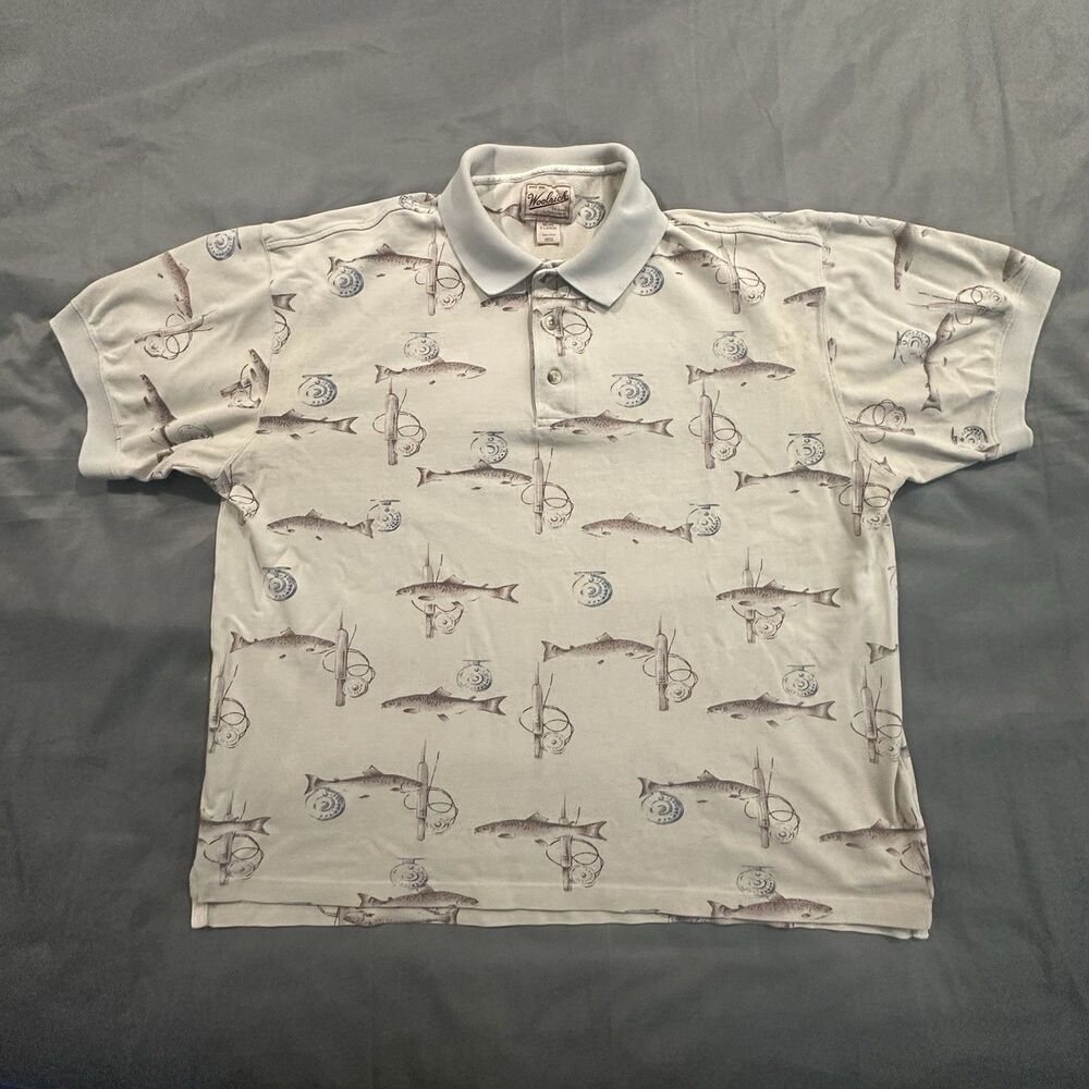 Vintage 90s Woolrich Shirt Mens XL Fish AOP Reel Graphic Print Polo Beige